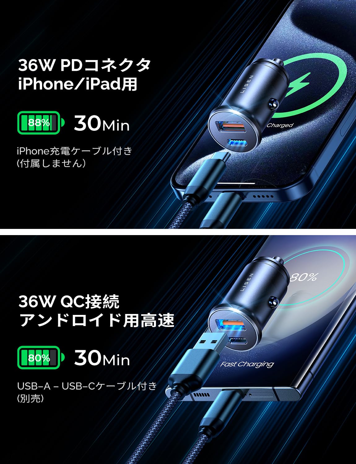 LISEN シガーソケット USB-C カーチャージャー C+Aポート 36W